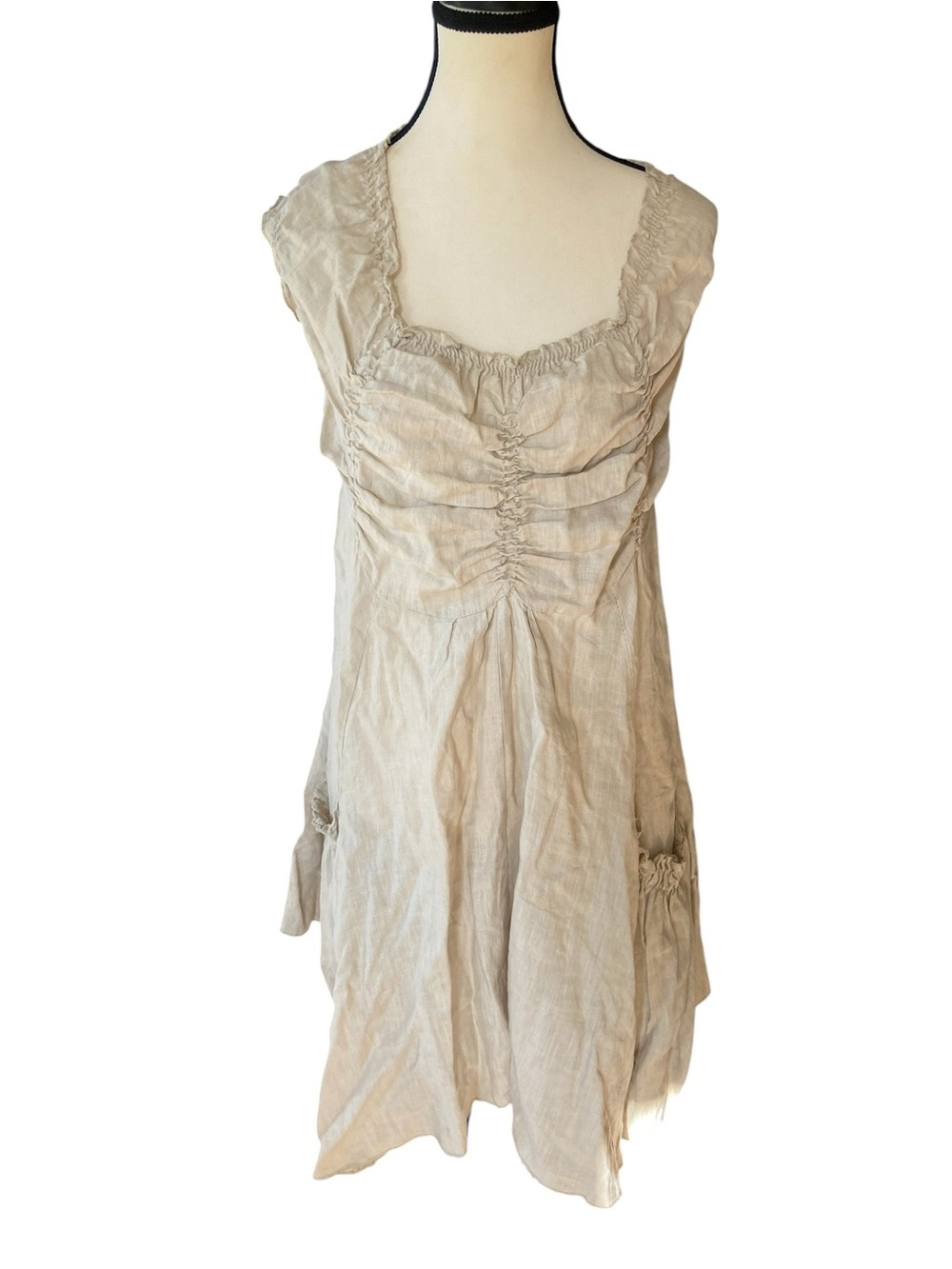 NYLL Italia 100% Linen Parachute Dress Flax Size M Ruched Boho Lagenlook Casual